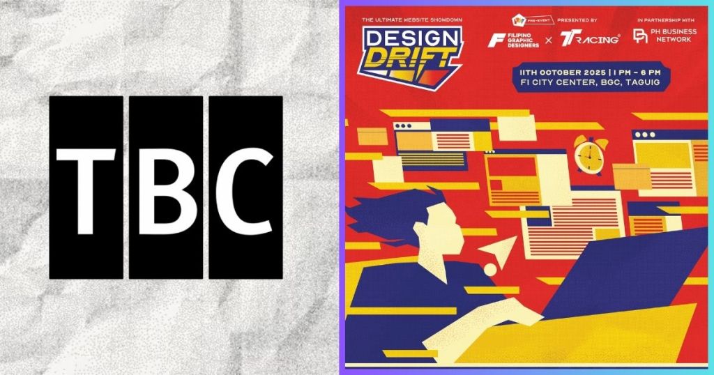 An image promoting Design Drift 2024, featuring bold graphics and vibrant colors. The left side displays the letters 'TBC' in a prominent black font, while the right side showcases the event name 'Design Drift' with details about the competition, including the date, time, and location.