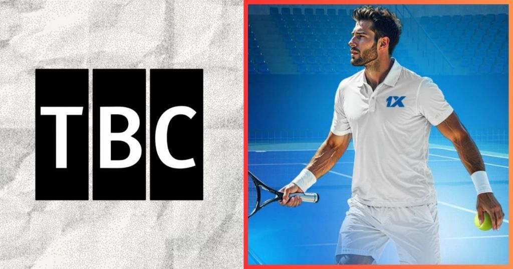 A male tennis player in a white shirt holds a racket and a tennis ball, standing on a blue tennis court with empty stadium seats in the background. The image features 'TBC' in large black letters on the left side.