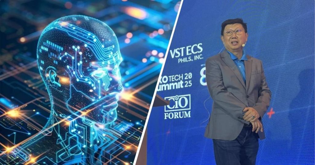 A digital representation of a human head with circuit patterns alongside a speaker on stage at the 8th VST ECS CXO Tech Summit, discussing artificial intelligence and digital transformation.