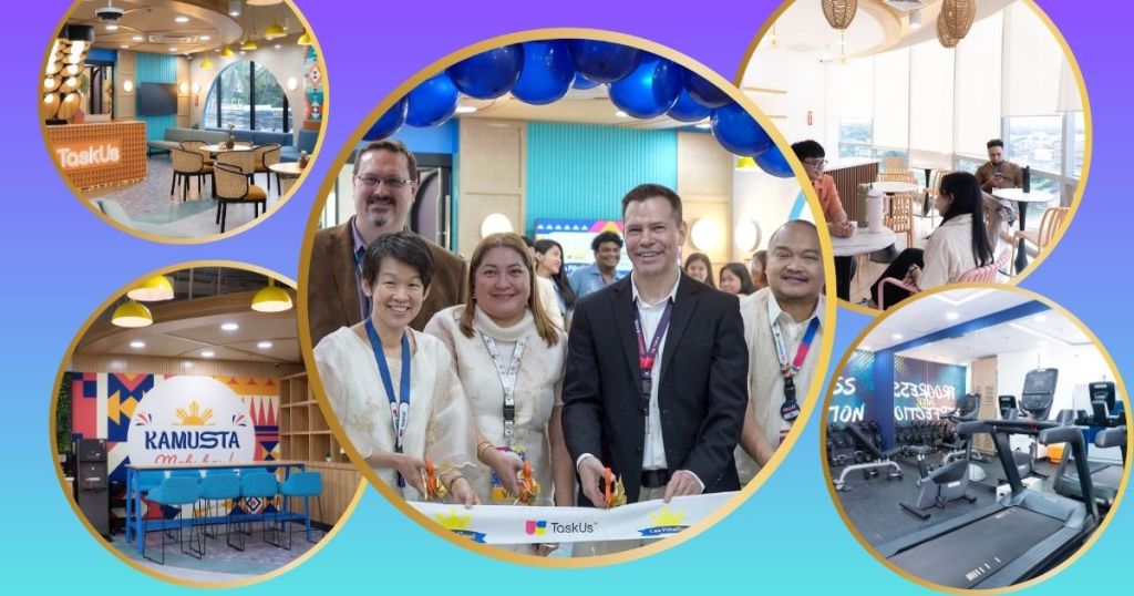 Collage of images showcasing the new TaskUs site Hiraya in Las Piñas City, featuring coworkers, modern workspaces, and gym facilities.