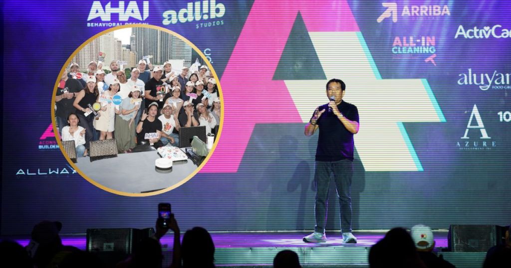 A+ Ecosystem event featuring a speaker on stage with a vibrant backdrop, and a inset of a large group photo of team members celebrating.