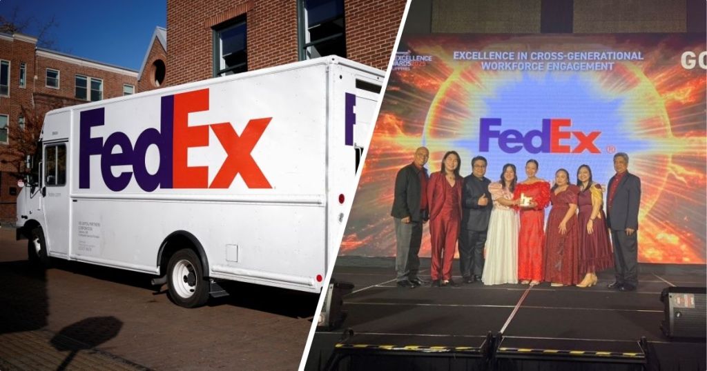 A FedEx delivery truck parked outside, alongside a group of people holding awards on stage at the HR Excellence Awards ceremony.