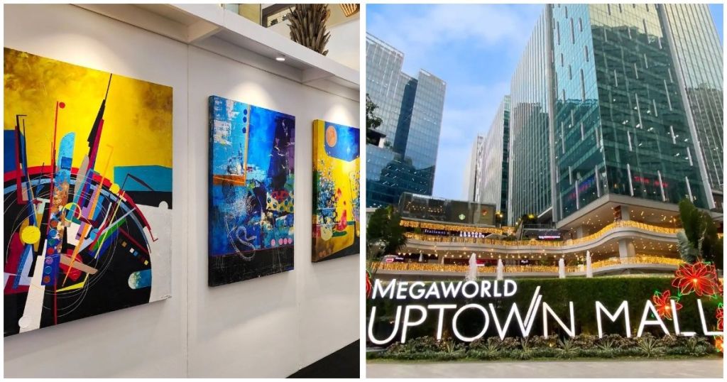A vibrant abstract art exhibition featuring colorful paintings on display at Uptown Bonifacio, highlighting the works of various artists.