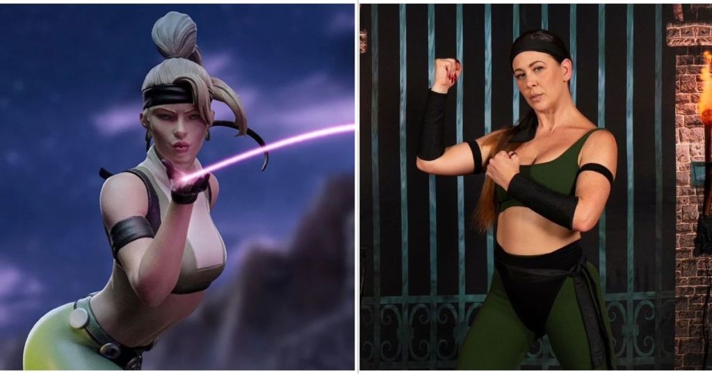 A side-by-side image featuring a digital illustration of the character Sonya Blade from Mortal Kombat on the left, showcasing her in a dynamic pose with a glowing weapon, and a real-life portrayal of the same character by Cherie DeVille on the right, dressed in a green costume and striking a confident pose.