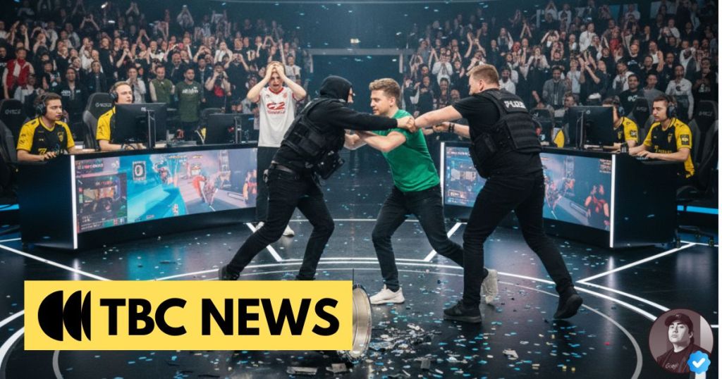 A chaotic esports event scene with competitors at their gaming stations, an audience in the background, and security personnel restraining a participant on stage.