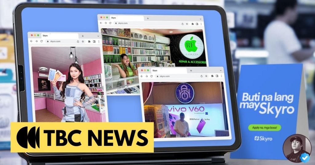 A laptop displaying multiple browser tabs showcasing a mobile phone shop with colorful phone cases and accessories. The screen highlights logo and promotional content for 'Skyro.' The foreground includes a blue promotional sign with text in Filipino.