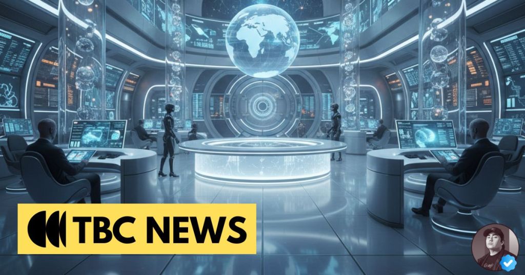 A futuristic news broadcasting studio featuring advanced technology and multiple screens displaying data, a central round table, and a large globe. The environment has a sleek, high-tech design with glowing elements.
