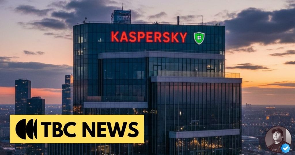 A sunset view of a modern skyscraper with the Kaspersky logo and name prominently displayed in red lights, alongside the TBC News logo at the bottom.