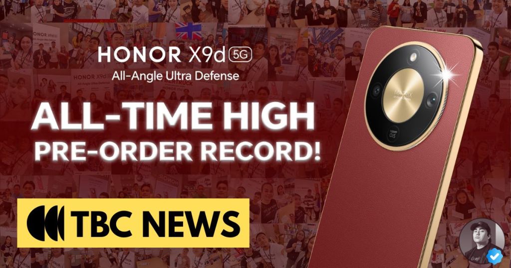Honor X9d 5G smartphone showcasing its design with a bold announcement of an all-time high pre-order record, accompanied by the TBC News logo.