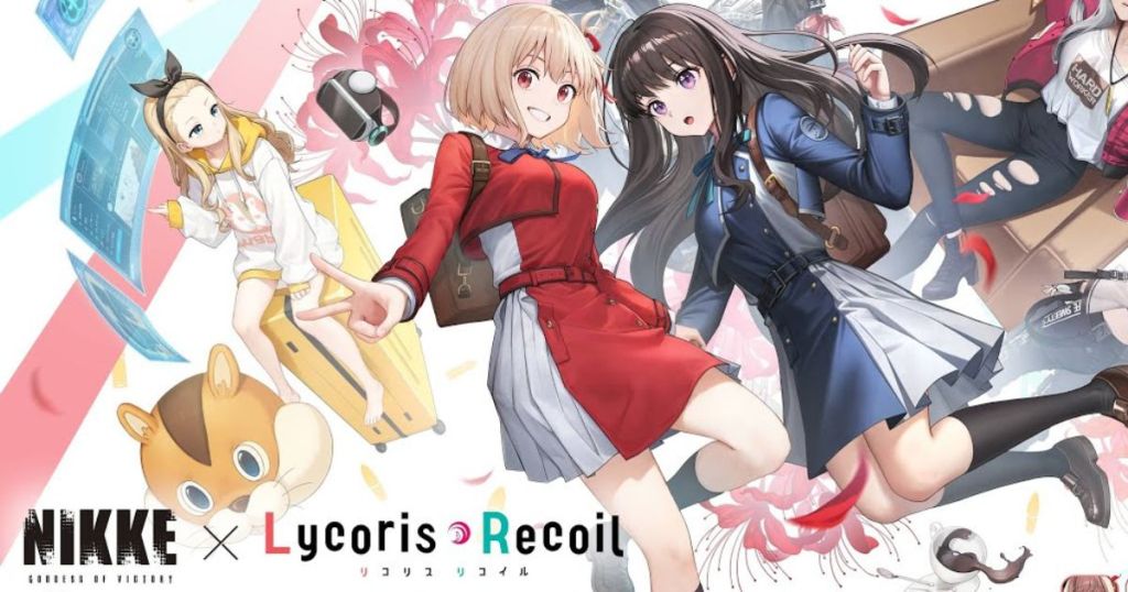 Anime-style illustration featuring characters from 'NIKKE' and 'Lycoris Recoil', showcasing vibrant colors and dynamic poses, with elements like a suitcase, computer screens, and playful characters in the background.