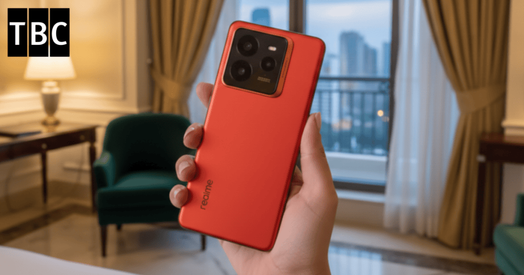A hand holding a red Realme smartphone in a stylish hotel room with soft lighting and a view of city buildings in the background.