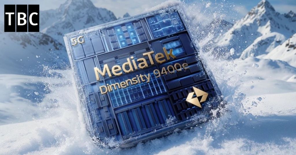A MediaTek Dimensity 9400e processor surrounded by snow, symbolizing winter or extreme conditions, with '5G' prominently displayed.