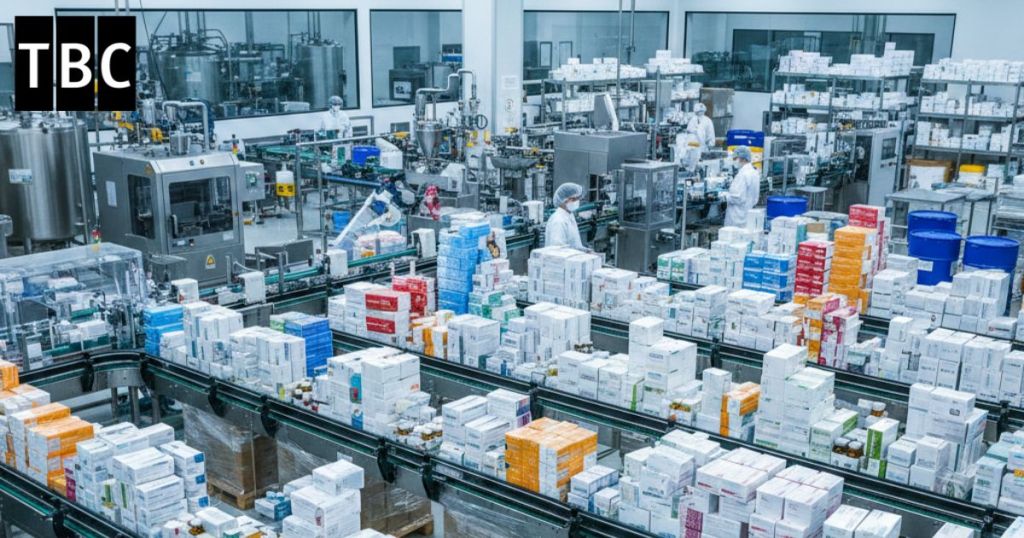 Aerial view of a modern pharmaceutical production facility with packed medication boxes on conveyor belts. Workers in white uniforms are seen handling the production process amidst rows of shelves filled with more products.
