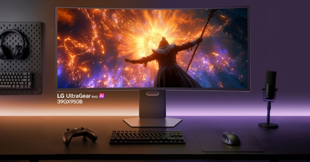 A gaming setup featuring an LG UltraGear monitor displaying a vivid scene, with a gaming keyboard, mouse, and controller on the desk. A headset hangs on the pegboard wall, alongside a microphone.