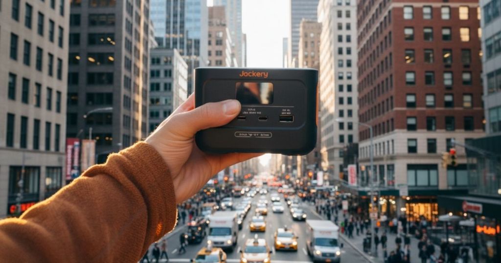 A person's hand holding a Jackery portable power station against a busy city street backdrop with tall buildings and traffic.