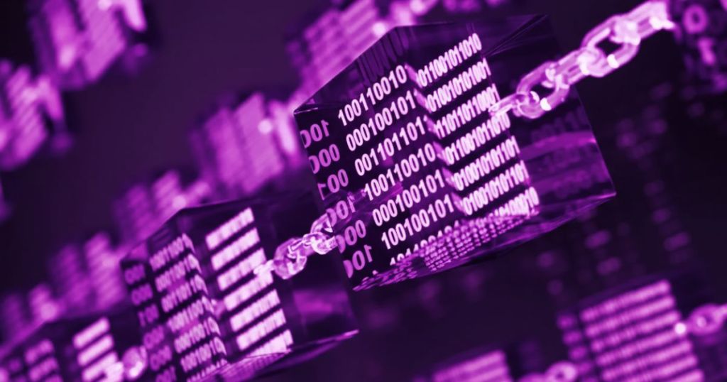 A digital representation of blockchain technology featuring binary code and connected blocks in a purple color scheme.