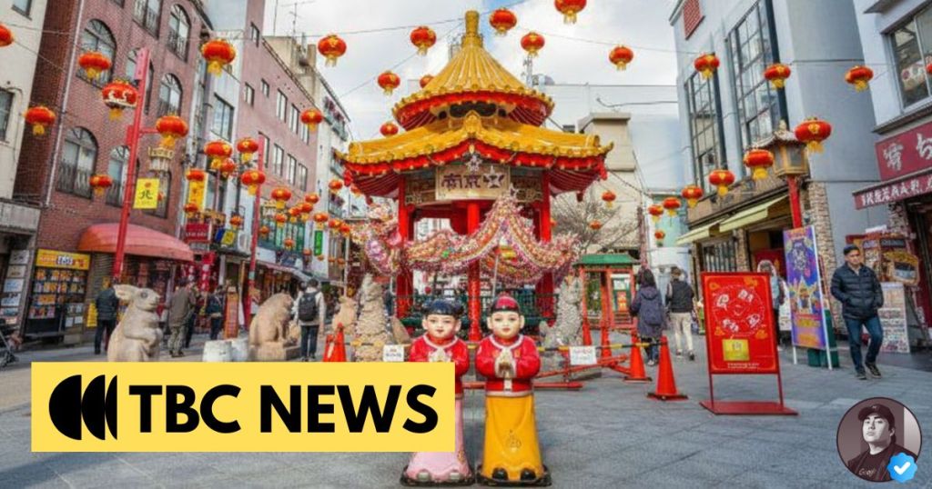 Vibrant street scene in a Chinatown area featuring red lanterns, a traditional pagoda structure, and decorative statues of children. People are walking around, exploring shops, and enjoying the cultural atmosphere.