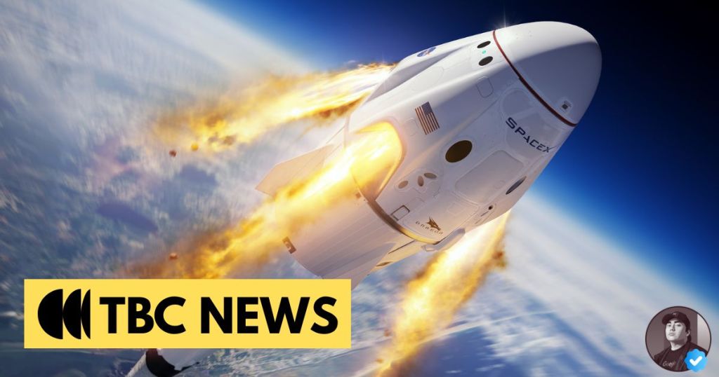 A SpaceX rocket launching with flames and smoke billowing from its engines, viewed against a backdrop of Earth and space, featuring the TBC News logo.