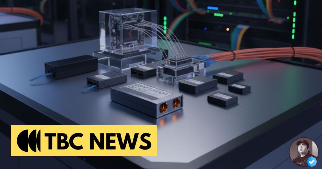 A close-up view of various electronic components and a circuit board on a sleek surface, with network cables in the background and a 'TBC News' logo prominently displayed.