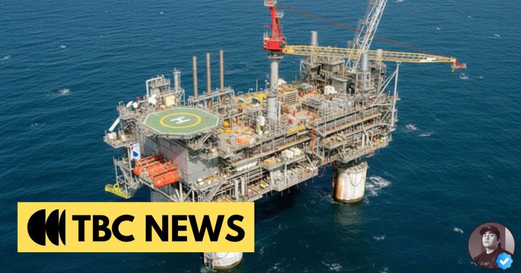 Aerial view of an offshore oil drilling platform with a helipad and various equipment, surrounded by ocean water.