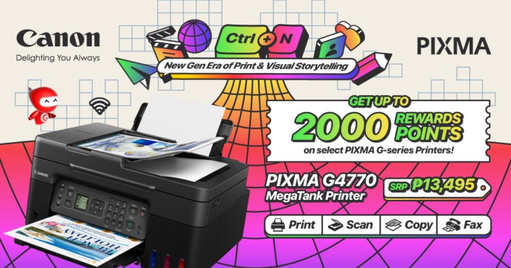 Promotional image for Canon's PIXMA G4770 MegaTank printer featuring vibrant graphics, product features, and a rewards program offer.