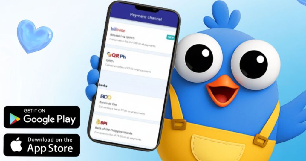 A cheerful blue cartoon bird character holds a smartphone displaying payment options, with text indicating various payment channels and affiliated banks. A heart icon is present in the background, and download buttons for Google Play and the App Store are included.