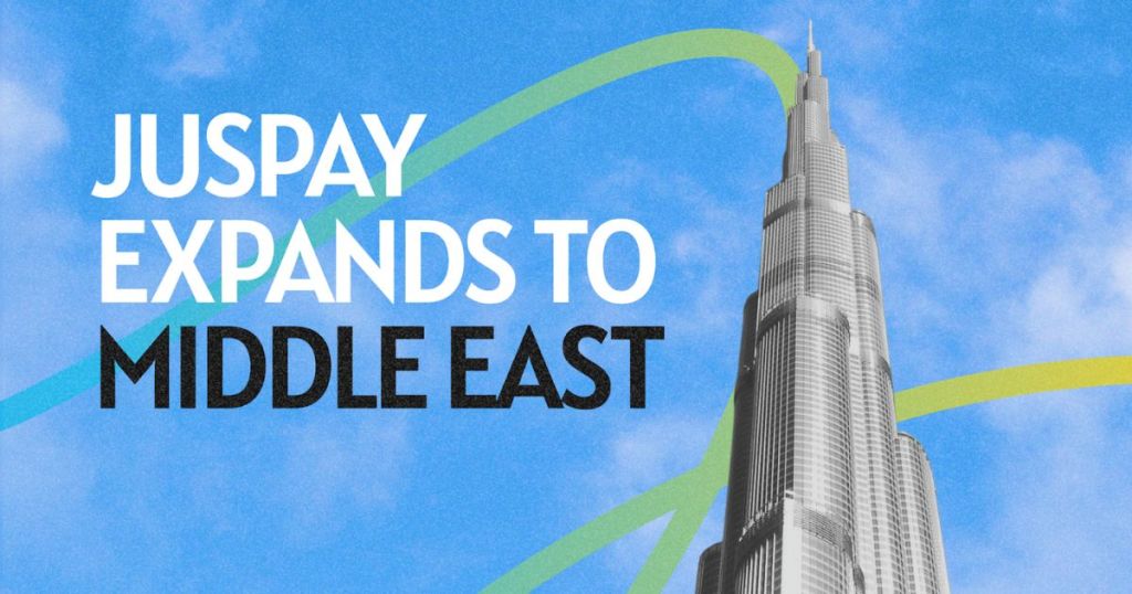 Graphic announcing Juspay's expansion to the Middle East, featuring a towering skyscraper against a blue sky.