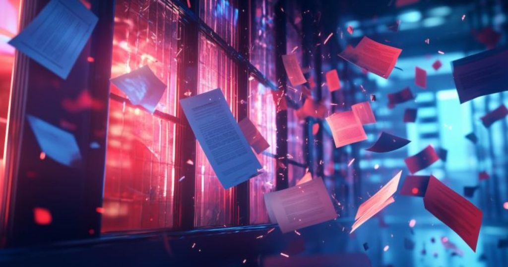 A dynamic scene depicting papers floating in the air amidst vibrant blue and red lighting, suggesting a sense of motion and activity.