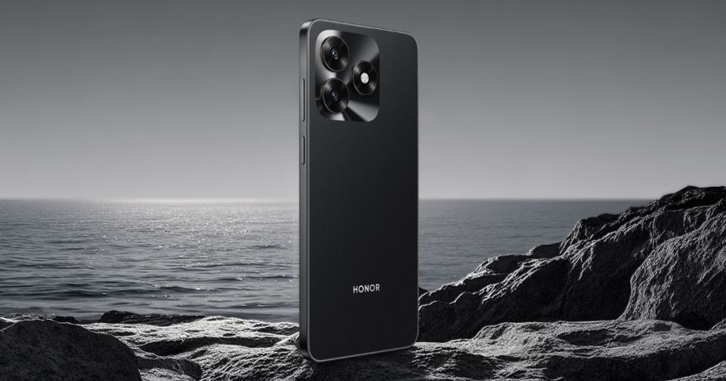 A sleek black smartphone positioned on rocky terrain, with the ocean visible in the background.