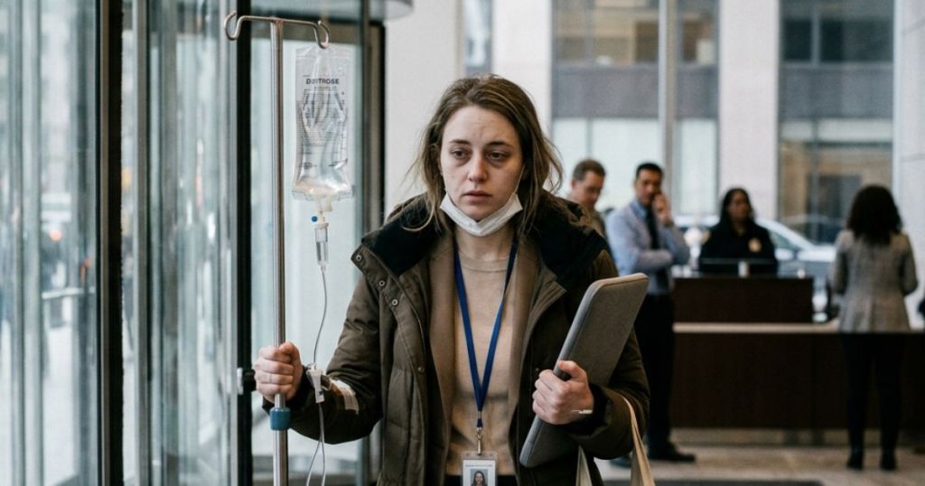 A weary woman with an intravenous drip is walking through a modern building, wearing a mask and holding a laptop, with people in the background.