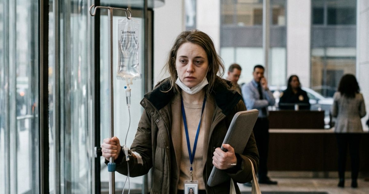 Call center agent arrives at work with IV bag