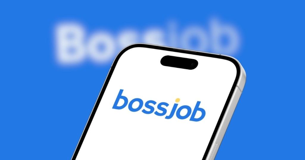 Close-up view of a smartphone displaying the Bossjob logo on a blue background.
