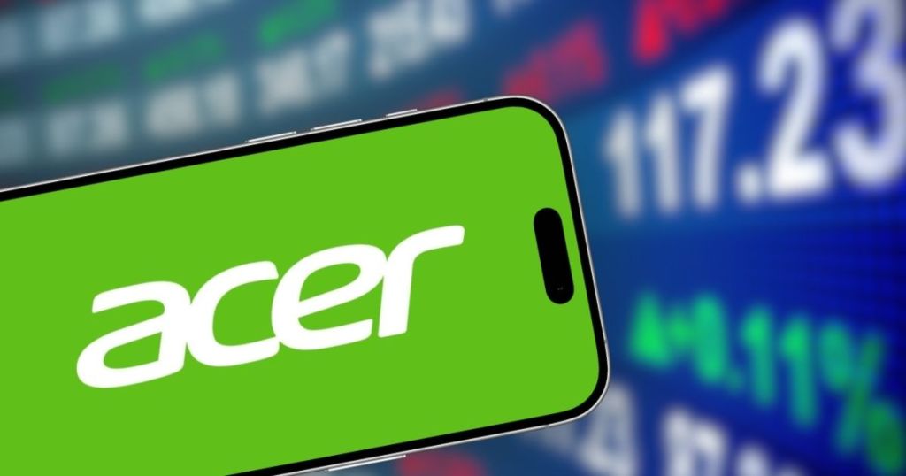 A smartphone displaying the Acer logo on a green background, with blurred stock market data in the background.