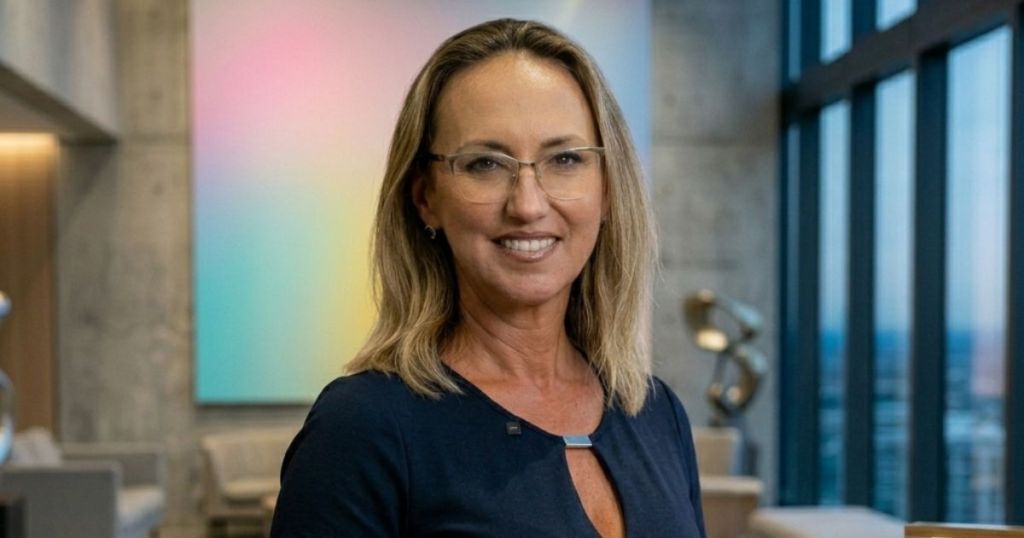 Portrait of a woman with glasses and shoulder-length hair, smiling in a modern office setting with large windows and abstract artwork in the background.