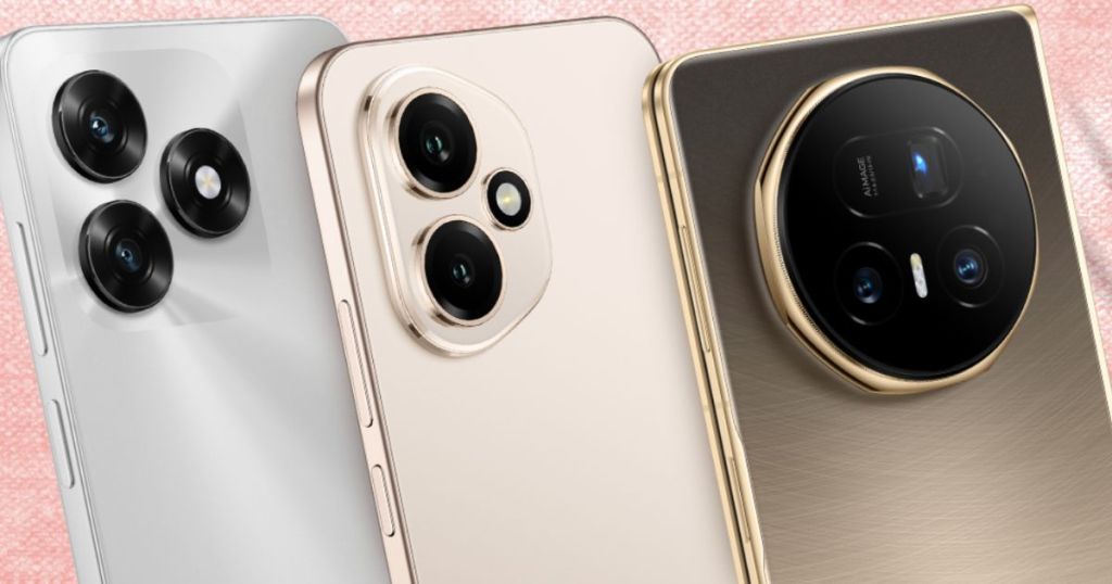 Three smartphones with distinct camera designs and colors: one in white with dual cameras, one in gold with a prominent circular camera module, and one in light gold with a stylized camera layout.