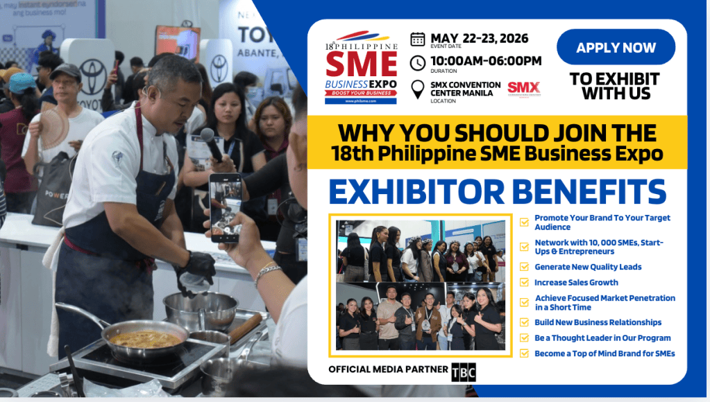 Promotional banner for the 18th Philippine SME Business Expo featuring event details, benefits for exhibitors, and a chef demonstrating cooking in front of an audience.