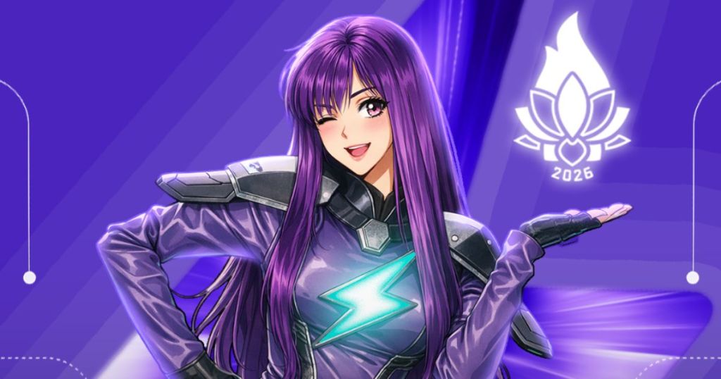 A vibrant animated character with long purple hair, wearing a sleek purple outfit with a lightning bolt design. She is winking and gesturing with her right hand, with a purple background featuring a logo for 2026.