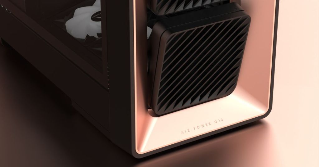 Close-up of a computer case featuring a sleek design with visible fan components and a distinctive black and copper color scheme.