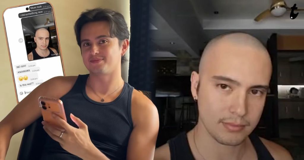 A young man with dark hair wearing a black tank top smiles while holding a phone, showing a photo of himself with a shaved head on the screen. A chat conversation appears, expressing surprise and curiosity about the new hairstyle.