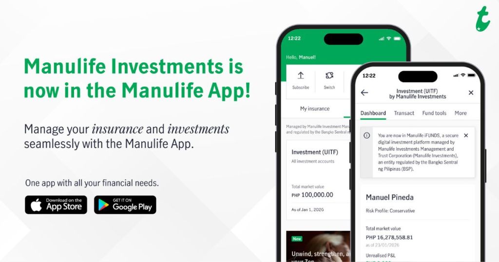 Manulife Investments introduced in the Manulife App, showcasing investment management features with user interface and account details.