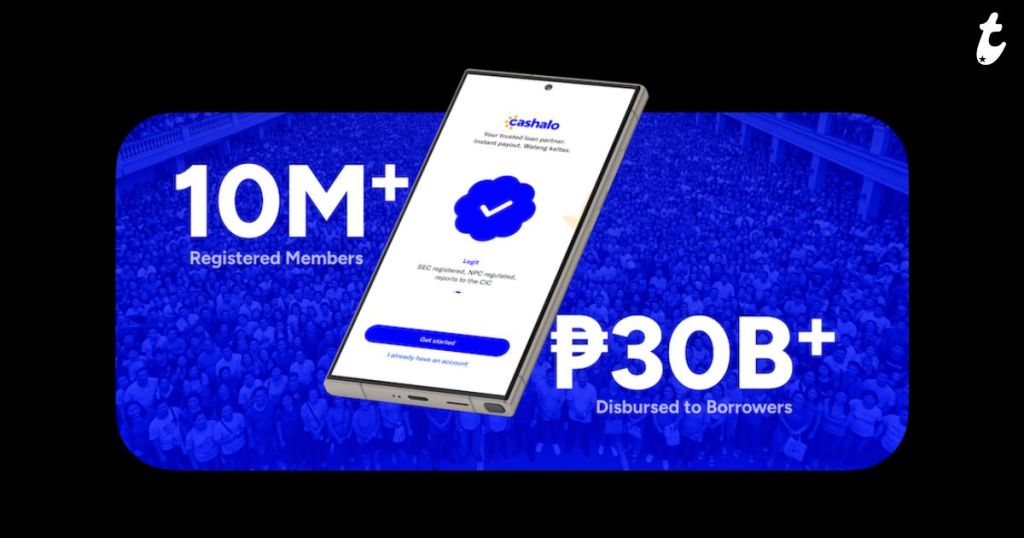 A smartphone displaying the Cashalo app interface with statistics: over 10 million registered members and more than 30 billion pesos disbursed to borrowers, set against a backdrop of a crowd.