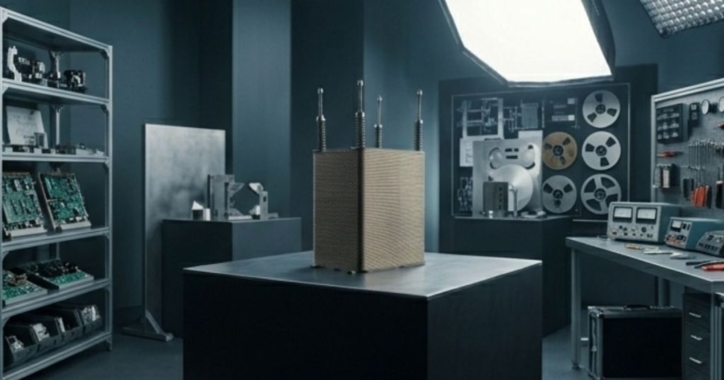 A modern laboratory setting featuring a central piece of equipment on a table, surrounded by shelves filled with electronic circuit boards and various testing tools. The background includes metal panels and reel-to-reel tape recorders.