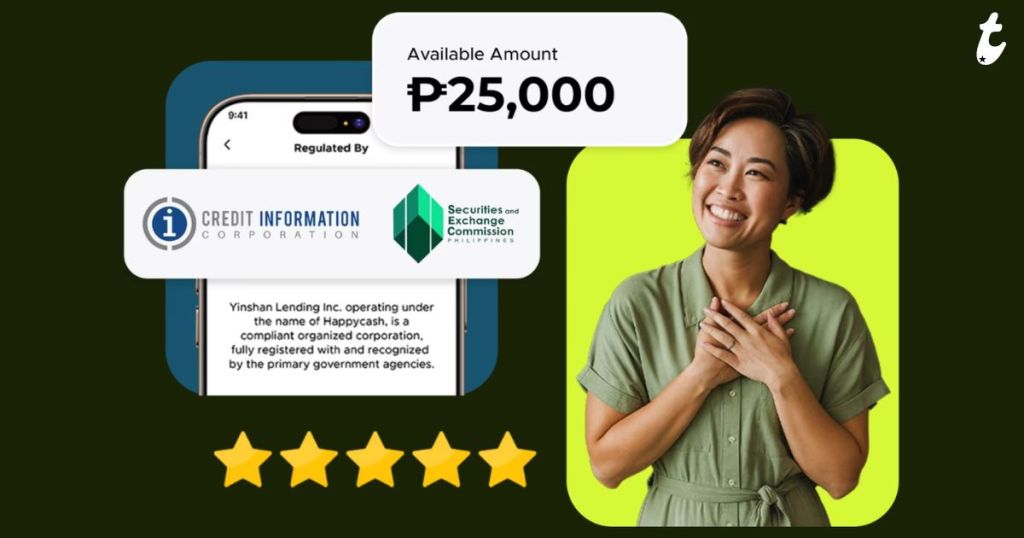 A woman smiling and looking happy, wearing a green shirt, with a smartphone displaying an available amount of ₱25,000 and logos of regulatory organizations in the background.