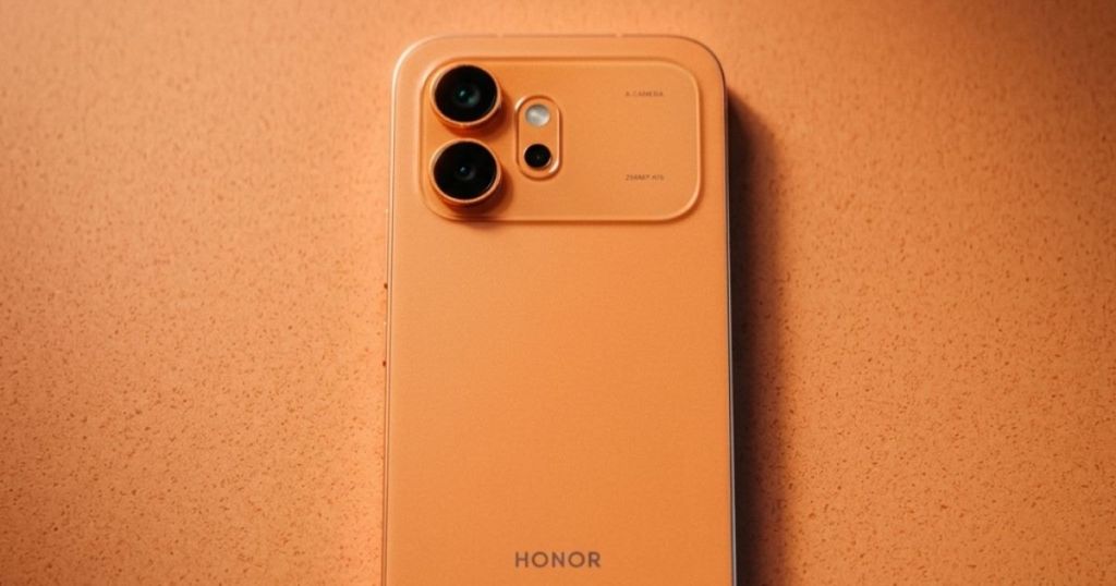 Close-up view of an orange smartphone with two camera lenses on the back.