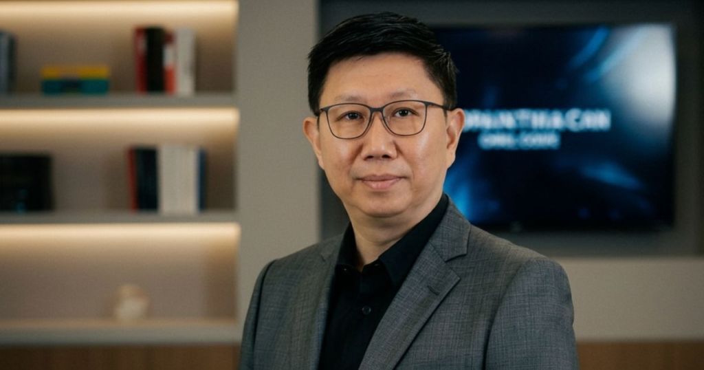 A man in a gray suit and glasses stands in front of a softly lit background with bookshelves and a screen displaying text.