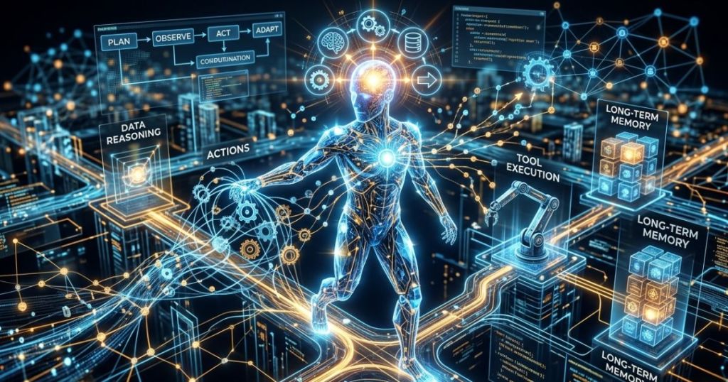 A digital representation of a humanoid figure surrounded by glowing data connections and holographic displays, illustrating concepts like data reasoning, actions, tool execution, long-term memory, and planning in a futuristic cityscape.