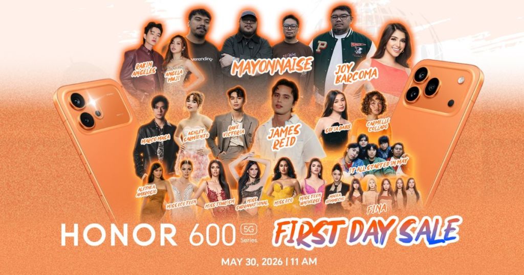 Promotional graphic for the HONOR 600 5G Series first day sale on May 30, 2026, at 11 AM, featuring an orange HONOR smartphone and various artists and influencers.