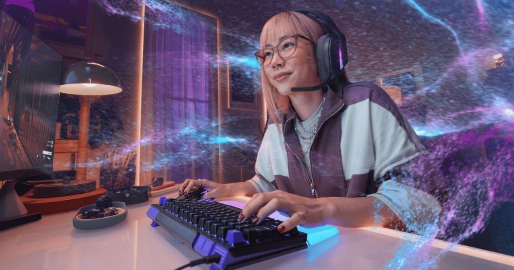 A young woman wearing a headset and glasses is gaming at her computer, with colorful visual effects surrounding her in a cozy, illuminated room.