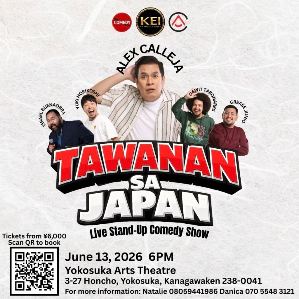 Promotional poster for the live stand-up comedy show 'Tawaran sa Japan,' featuring comedians Alex Calleja, Israel Buenobra, Yukihiro Horikoshi, Dawit Tabonares, and Grease Junio. The event is scheduled for June 13, 2026, at Yokosuka Arts Theatre.