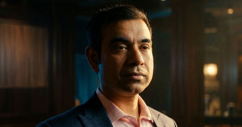 A man in a formal suit, looking serious, with a blurred background of an elegant setting.